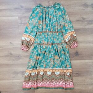 Anthropologie Current Air Boho Long Sleeve Smocked Floral Midi Dress Size Medium